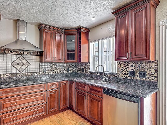 3234 Amberley Park Cir, Kissimmee, FL 34743 - kitchen featuring stainless steel dishwasher, wall chimney range hood, a sink, a textured ceiling, and stovetop