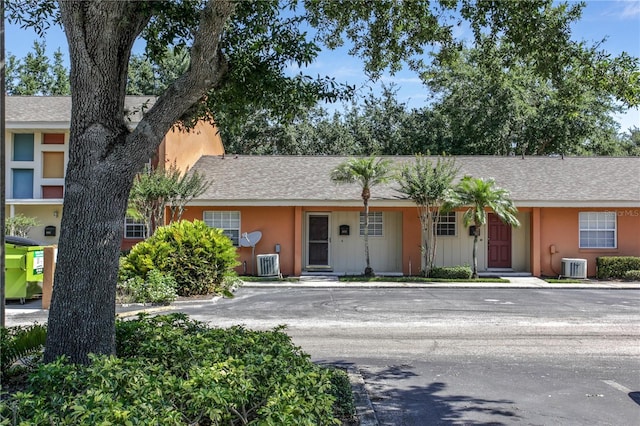 view of front of property featuring central air condition unit, a shingled roof, and stucco siding