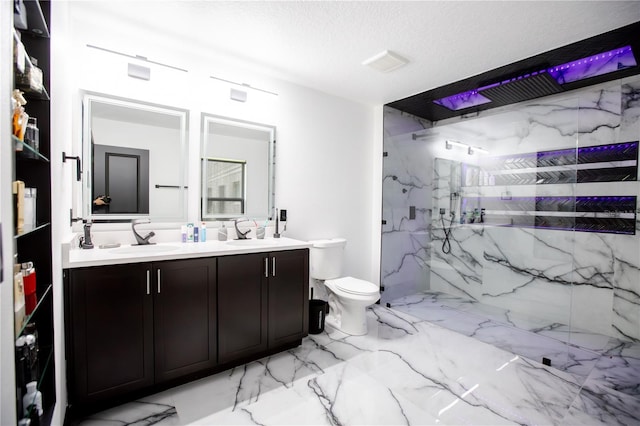 13851 Rushing Creek Run, Orlando, FL 32824 - full bathroom with marble look tiles, a marble finish shower, toilet, and double vanity