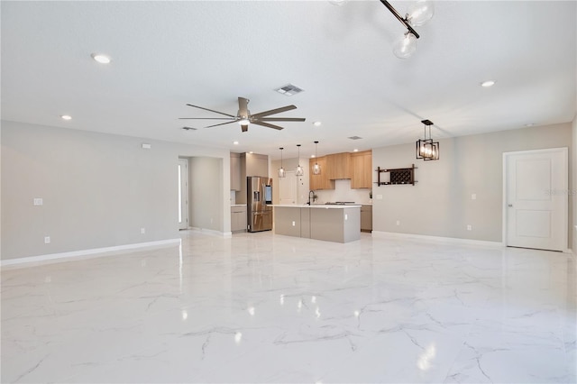 934 Jessamy St, Oviedo, FL 32765 - unfurnished living room with baseboards, a ceiling fan, recessed lighting, a sink, and light marble finish floors