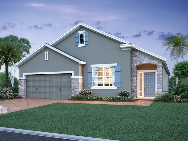 2631 Great Heron Ave, Saint Cloud, FL 34773 - traditional home with stone siding, stucco siding, a front lawn, and an attached garage