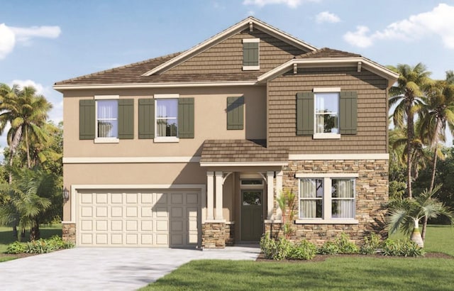 3334 Arch Ave, Ormond Beach, FL 32174 - view of front facade with stone siding, an attached garage, driveway, stucco siding, and a front lawn