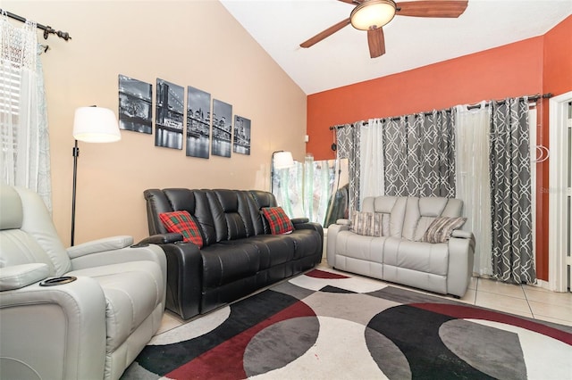 109 Lakepointe Cir, Kissimmee, FL 34743 - living area with a ceiling fan, high vaulted ceiling, and tile patterned floors