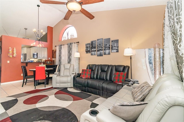 109 Lakepointe Cir, Kissimmee, FL 34743 - living room with a ceiling fan, light tile patterned floors, high vaulted ceiling, beamed ceiling, and a chandelier
