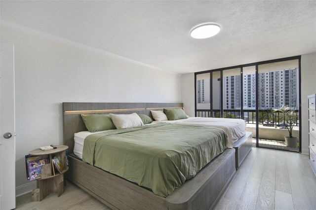 530 E Central Blvd Unit 803, Orlando, FL 32801 - bedroom with light wood finished floors, access to exterior, crown molding, a wall of windows, and a textured ceiling