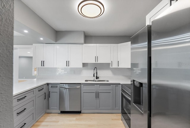 3926 Helena St NE, Saint Petersburg, FL 33703 - kitchen with stainless steel appliances, a sink, gray cabinetry, backsplash, and recessed lighting
