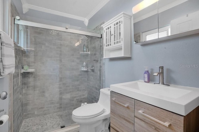 950 Gatewood Ct NE, Palm Bay, FL 32905 - full bath featuring toilet, a stall shower, ornamental molding, and vanity