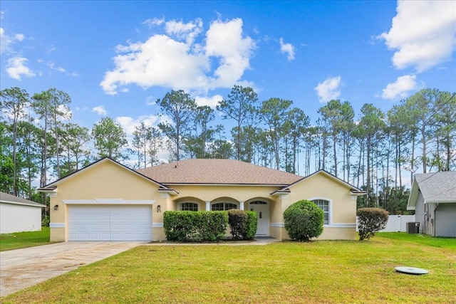 45 Powder Horn Dr, Palm Coast, FL 32164 - ranch-style home featuring stucco siding, concrete driveway, a garage, and central air condition unit