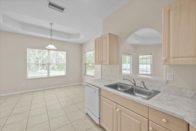 45 Powder Horn Dr, Palm Coast, FL 32164 - kitchen with light brown cabinets, a tray ceiling, dishwasher, a sink, and a textured ceiling