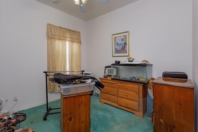 carpeted office space with a ceiling fan