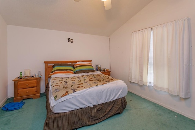 carpeted bedroom with lofted ceiling, baseboards, and a ceiling fan