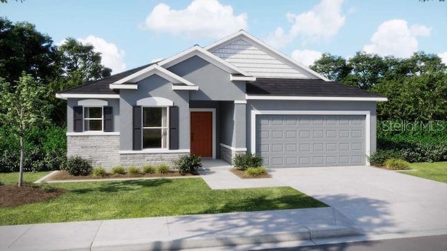 27206 Adams St, Punta Gorda, FL 33983 - craftsman-style house with concrete driveway, an attached garage, stucco siding, a front yard, and stone siding