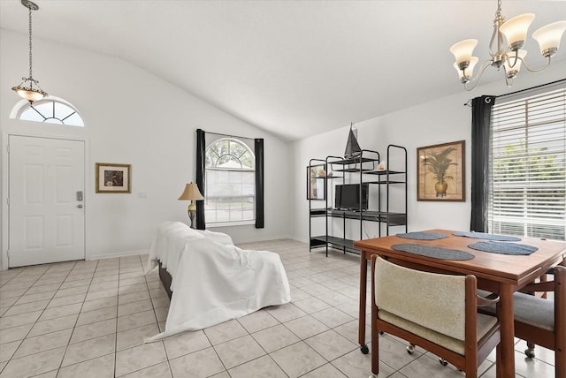 4249 Andover Cay Blvd, Orlando, FL 32825 - dining area featuring vaulted ceiling, a chandelier, light tile patterned floors, and baseboards