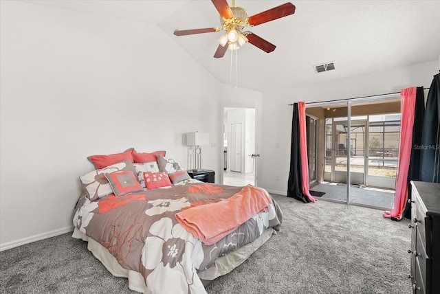 4249 Andover Cay Blvd, Orlando, FL 32825 - carpeted bedroom featuring access to exterior, baseboards, vaulted ceiling, and ceiling fan