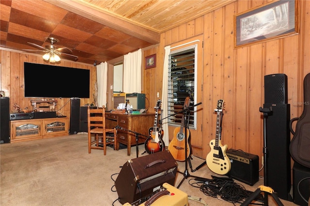 330 Phoenix Ave, Daytona Beach, FL 32118 - workout room with wooden walls, wooden ceiling, carpet floors, and a ceiling fan
