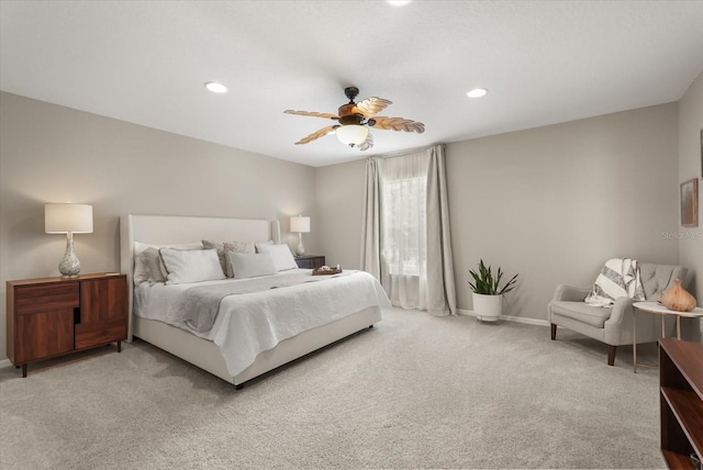 bedroom with carpet floors, baseboards, recessed lighting, and a ceiling fan
