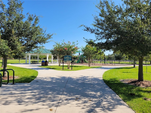 view of community featuring a yard and a gazebo