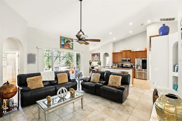 3451 Players Point Loop, Apopka, FL 32712 - living room featuring arched walkways, ceiling fan, high vaulted ceiling, and recessed lighting