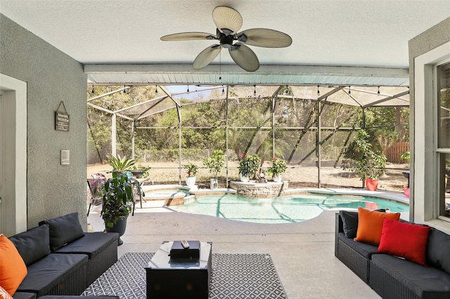 3451 Players Point Loop, Apopka, FL 32712 - view of patio featuring an outdoor living space, a pool with connected hot tub, a lanai, and a ceiling fan