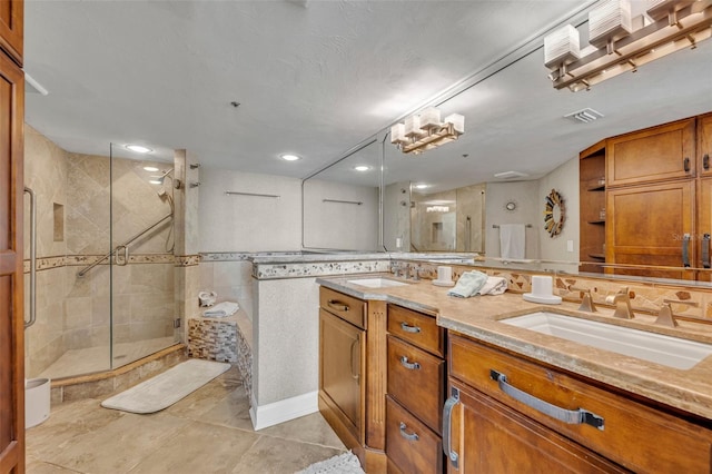 5275 S Atlantic Ave Unit 506, New Smyrna Beach, FL 32169 - full bathroom featuring a stall shower, tile patterned floors, double vanity, recessed lighting, and a bath