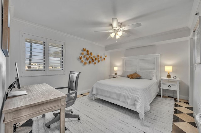5275 S Atlantic Ave Unit 506, New Smyrna Beach, FL 32169 - bedroom with crown molding, baseboards, an office area, and ceiling fan
