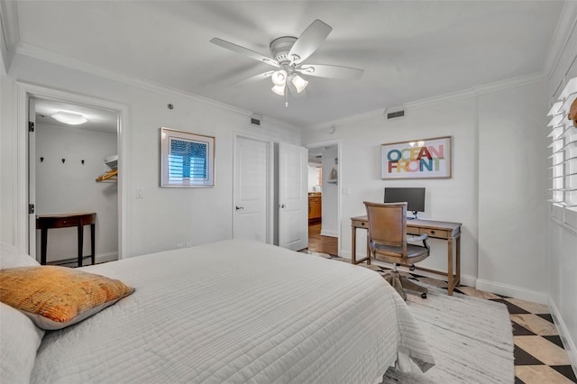 5275 S Atlantic Ave Unit 506, New Smyrna Beach, FL 32169 - bedroom with multiple windows, ornamental molding, baseboards, tile patterned floors, and ceiling fan