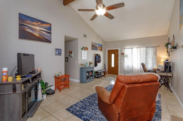 11435 Aries Dr, Orlando, FL 32837 - living room with a ceiling fan, light tile patterned flooring, baseboards, high vaulted ceiling, and beam ceiling