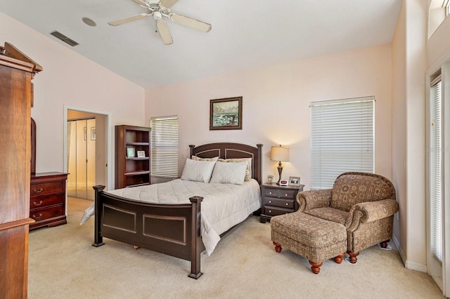 334 N Shadowbay Blvd, Longwood, FL 32779 - bedroom featuring light colored carpet, lofted ceiling, and a ceiling fan