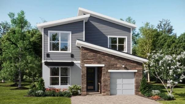 7876 Marlow Pl, Kissimmee, FL 34747 - view of front facade featuring stone siding, an attached garage, driveway, and a front yard
