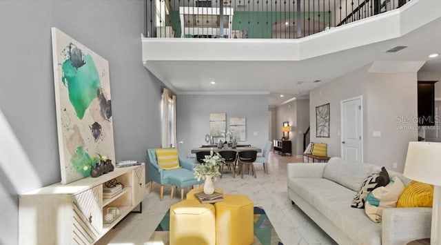 7876 Marlow Pl, Kissimmee, FL 34747 - living area featuring a high ceiling, recessed lighting, and marble finish flooring