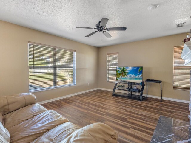10247 Mason Loop, Clermont, FL 34711 - living area featuring plenty of natural light, wood finished floors, a textured ceiling, baseboards, and a ceiling fan