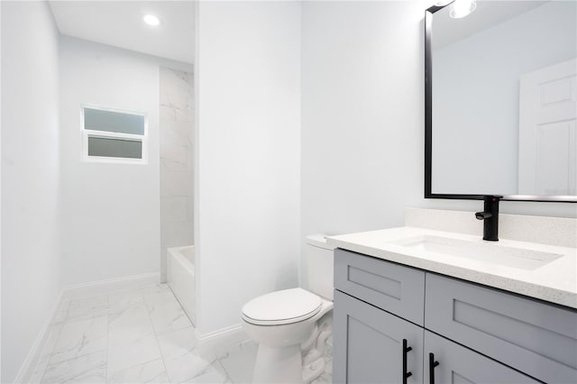 bathroom with marble finish floors, baseboards, toilet, vanity, and recessed lighting