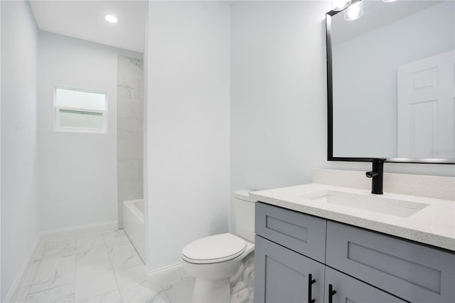 full bath with marble look tiles, baseboards, toilet, vanity, and recessed lighting