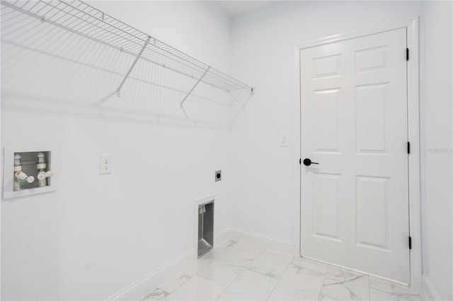 laundry area featuring hookup for an electric dryer, light marble finish flooring, baseboards, and washer hookup