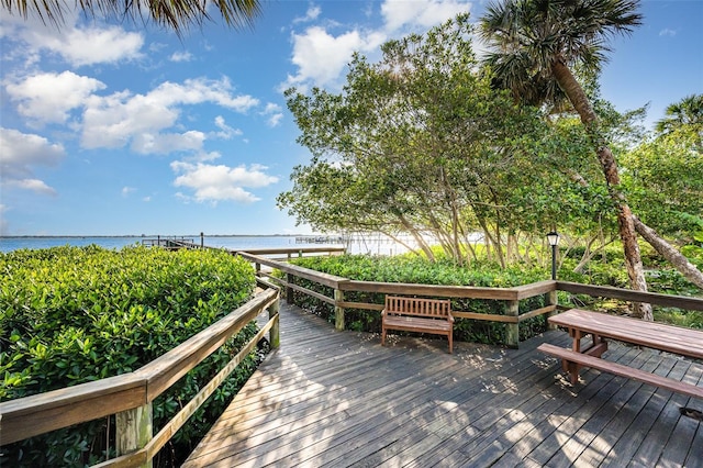 wooden deck with a water view