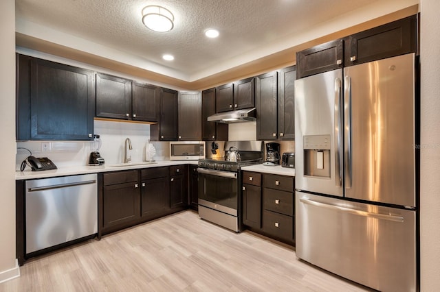 4013 Breakview Dr Unit A407, Orlando, FL 32819 - kitchen featuring appliances with stainless steel finishes, a sink, light countertops, light wood-type flooring, and a textured ceiling