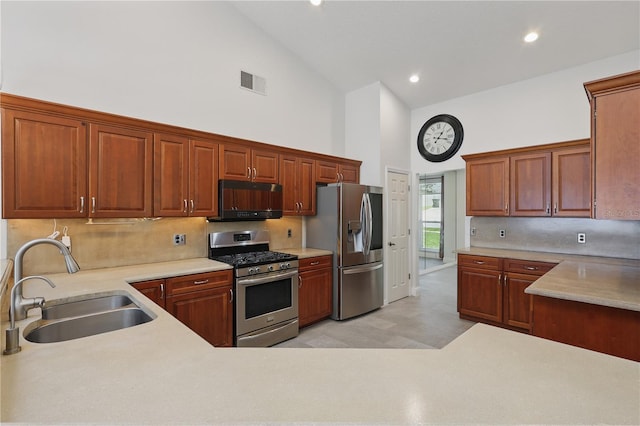 kitchen featuring appliances with stainless steel finishes, high vaulted ceiling, a sink, backsplash, and light countertops