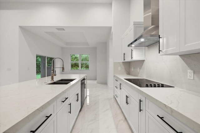 4528 Yorkshire Ln, Kissimmee, FL 34758 - kitchen with wall chimney range hood, a sink, black electric stovetop, dishwasher, and backsplash