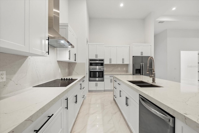 4528 Yorkshire Ln, Kissimmee, FL 34758 - kitchen featuring wall chimney range hood, appliances with stainless steel finishes, a sink, recessed lighting, and light stone countertops