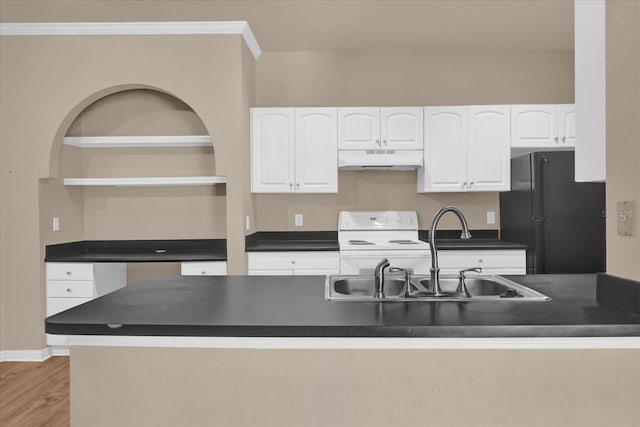kitchen featuring freestanding refrigerator, under cabinet range hood, dark countertops, electric range, and a sink