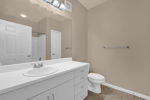 bathroom with vanity, a shower, toilet, baseboards, and tile patterned flooring