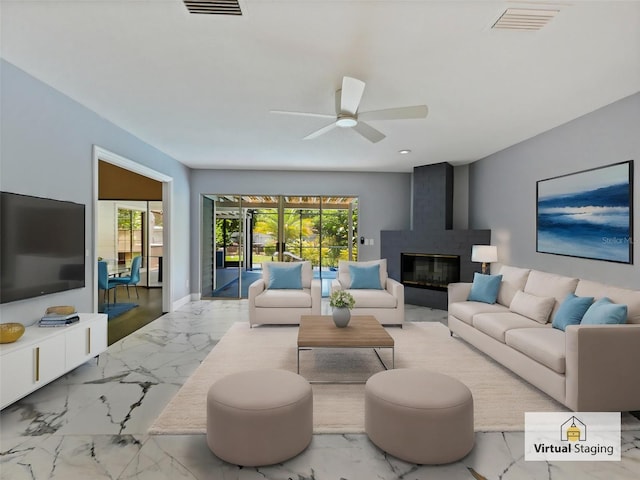 208 Frinton Cv, Longwood, FL 32779 - living room with marble finish flooring, ceiling fan, healthy amount of natural light, a fireplace, and recessed lighting