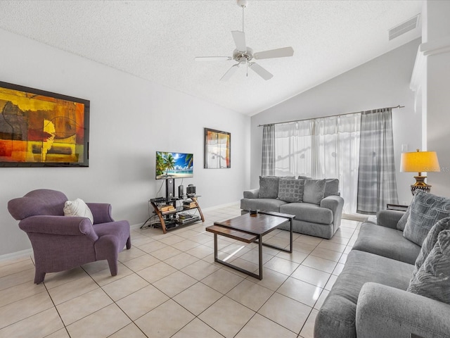 2115 Morning Star Dr, Clermont, FL 34714 - living room with a textured ceiling, light tile patterned flooring, ceiling fan, lofted ceiling, and baseboards