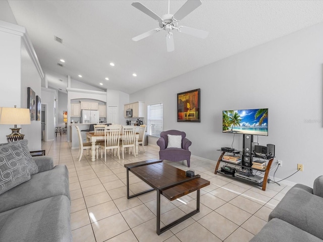 2115 Morning Star Dr, Clermont, FL 34714 - living room featuring lofted ceiling, light tile patterned flooring, a ceiling fan, recessed lighting, and baseboards