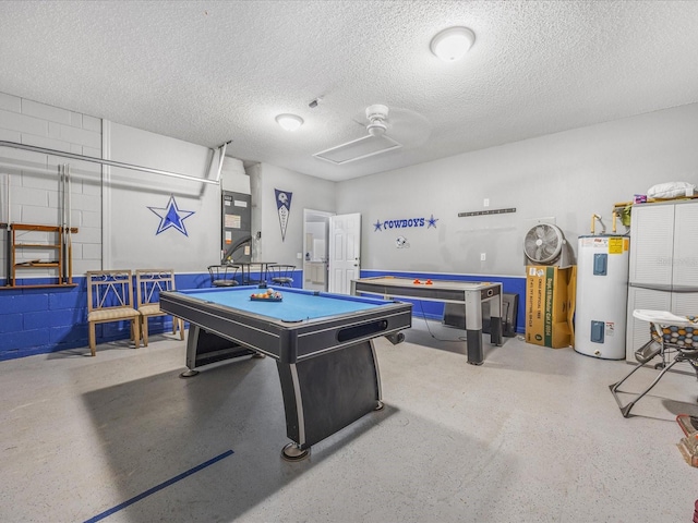 2115 Morning Star Dr, Clermont, FL 34714 - game room with electric water heater, billiards table, a textured ceiling, speckle patterned floor, and concrete block wall