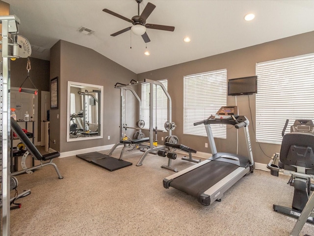 2115 Morning Star Dr, Clermont, FL 34714 - exercise area featuring ceiling fan, vaulted ceiling, baseboards, and recessed lighting