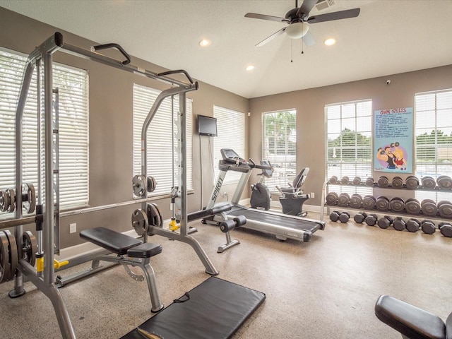 2115 Morning Star Dr, Clermont, FL 34714 - workout area with ceiling fan, recessed lighting, baseboards, and lofted ceiling