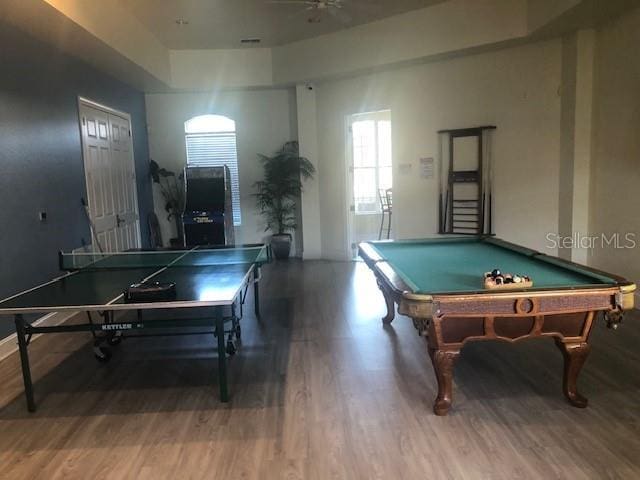 playroom with wood finished floors and billiards table