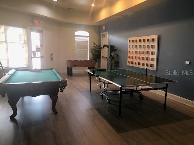 game room with baseboards, wood finished floors, and billiards table