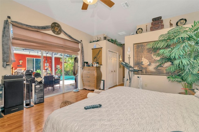 14680 Linden Dr, Spring Hill, FL 34609 - bedroom with access to outside, wood finished floors, and a ceiling fan